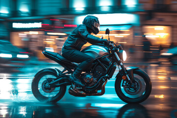 Fototapeta premium Motorcyclist riding through city streets at night, side view capturing motion blur panning effect from city lights and reflections on wet road, embodying spirit of adventure and urban exploration