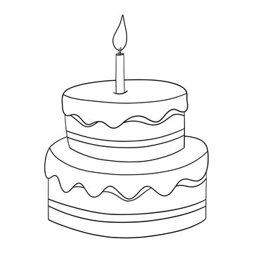 recommend clip art: Two tier birthday cake with candle outline for coloring on a white background
