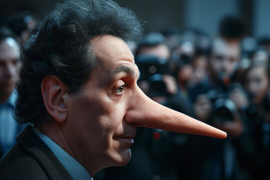 Political person with very long nose like Pinocchio being photographed by crowd of reporters, highlighting mendacity of politicians and public figures, sweet lies to public