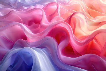 Obraz premium Soft, colorful waves of delicate, translucent fabric create an abstract and soothing background with gradients of pink, purple, and orange hues.