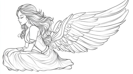 Fototapeta premium Beautiful angel cartoon line drawing used for coloring on white background. Generative Ai