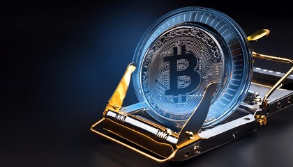 Bitcoin concept image with digital coin inside a mouse trap, symbolizing the risks and traps in cryptocurrency investment.