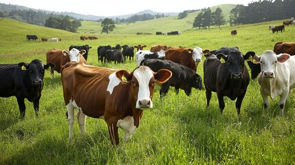 Herd of Cows Grazing in Lush Pasture: A picturesque scene of a herd of cows grazing in a lush green pasture under a cloudy sky, showcasing the beauty of rural life and agricultural landscapes.  