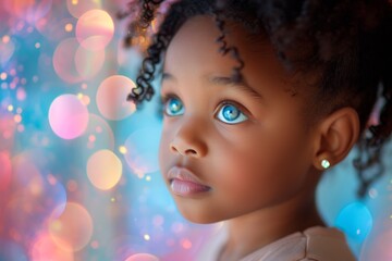 Portrait of curly haired black child with captivating blue green eyes, against colorful bokeh background, little black girl with introspective gaze