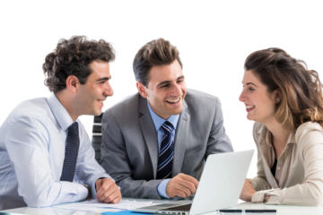 Smiling colleagues discussing work around a laptop Isolated on white background