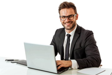 Smiling businessman working remotely with laptop Isolated on white background