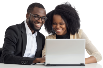 Smiling colleagues discussing work around a laptop Isolated on white background