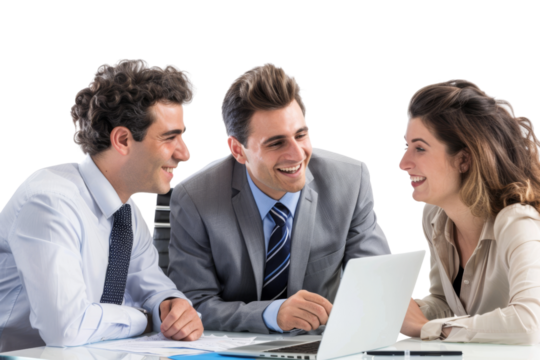 Smiling colleagues discussing work around a laptop Isolated on white background
