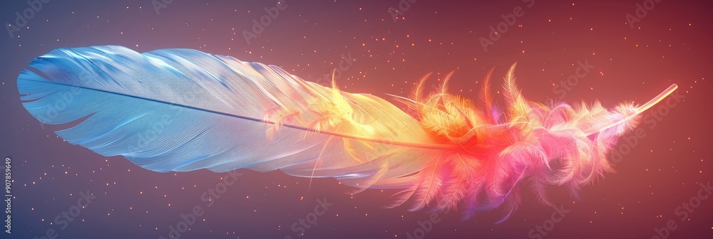 Poster vibrant ethereal feather with fiery and cool hues, floating in a gradient background, creating a mes