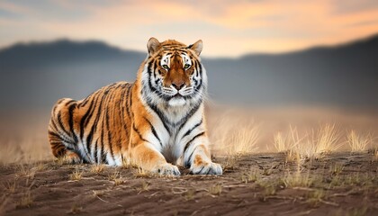 Majestic tiger resting in a serene landscape with a beautiful sunset backdrop and distant mountains. The epitome of strength and grace.