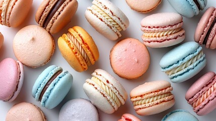 Fototapeta premium A colorful assortment of French macarons in various pastel shades. Perfect for backgrounds, food blogs, and confectionery promotions.