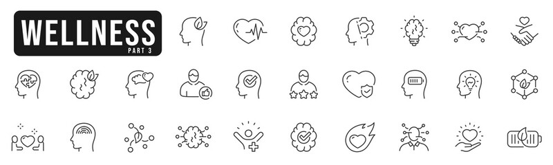 Wellness, wellbeing, mental health, healthcare. Set of line icons. Part 3