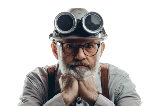 Serious factory manager with hat and goggles contemplating isolated on white background - Powered by Adobe
