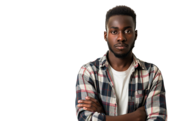 Serious black man in a casual outfit, arms crossed, confident expression, isolated on white background