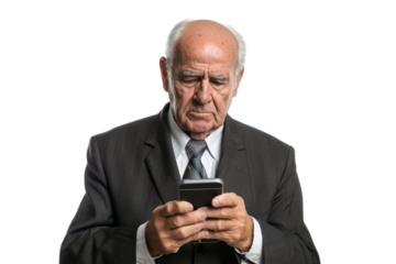 Senior executive reading news on smartphone, isolated on white background