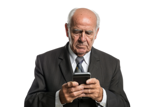 Senior executive reading news on smartphone, isolated on white background