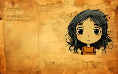 Vintage Paper Texture with Illustrated Girl: Antique and Artistic Background