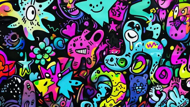 Playful characters and abstract art in vibrant graffiti animation