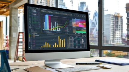 Generate a photo realistic image of a construction project displaying a cost estimation dashboard with detailed financial planning tools and budget allocations; ensure the image is of high resolution