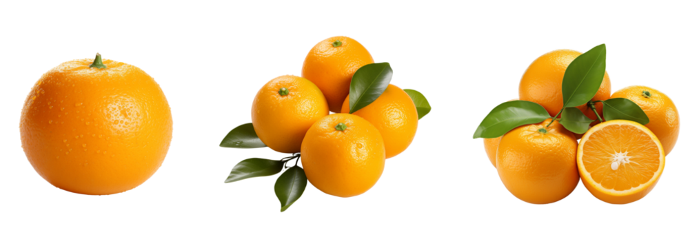 Set of organic oranges. Isolated on a transparent background.