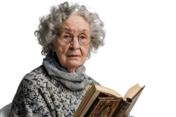 Professional elderly woman in glasses holding a diary Isolated on white background