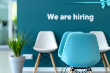 The inscription "We are hiring" on the wall of an office
