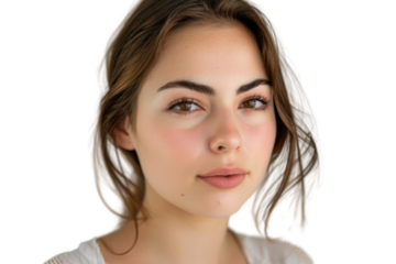Portrait of confident young woman with brown eyes looking at camera Isolated on white background