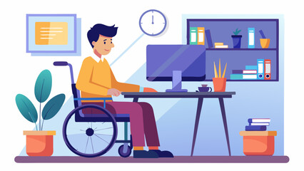 Young modern disabled man in wheelchair working at computer in comfortable office. Concept of diverse people employment with disabilities. Flat vector illustration isolated on white.. stock illustrati