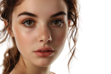 Portrait of confident young woman with brown eyes looking at camera Isolated on white background