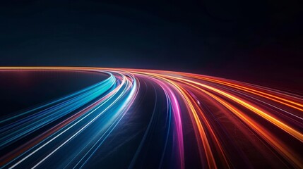 Energetic lighting streaks in vibrant colors, converging at horizon, sci-fi atmosphere