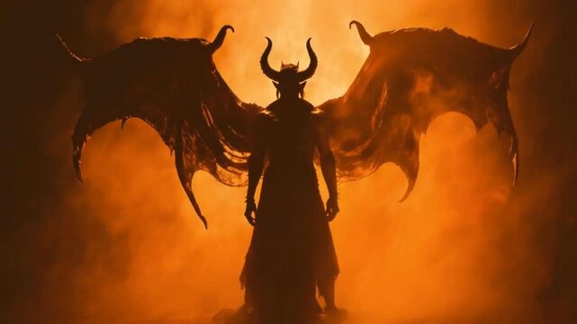Isolated red silhouette of a devil sculpture against a cloudy sky, symbolizing evil and contrasting with angelic figures