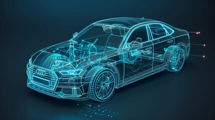 Naklejka premium Futuristic car wireframe, digital blueprint, neon blue, high-tech concept, dark background, glowing connections