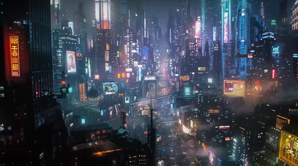 Fototapeta premium Cyberpunk Metropolis: Skyscrapers, Neon Lights, and Gritty Urban Decay