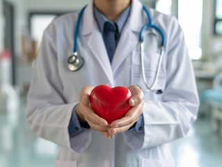 Doctor holding a red heart in front, wearing white medical attire with a stethoscope around the neck
