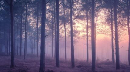 Obraz premium Serene Pine Forest Awakening Under Pastel Sunrise Sky