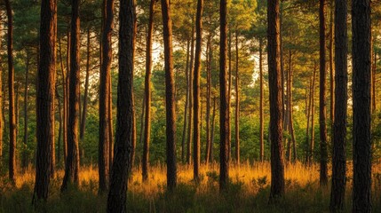 Obraz premium Serene Pine Forest Under Golden Hour Sky - Tranquil Nature Landscape at Dusk