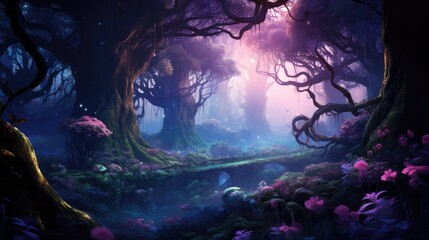 Fototapeta premium Ethereal forest with glowing bioluminescent plants at dusk