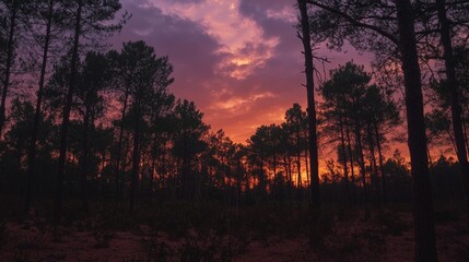 Obraz premium Tranquil Pine Forest at Sunset: Warmth and Serenity in Nature's Glow