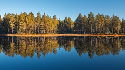 Fototapeta premium Tranquil Pine Forest Reflection in Still Lake â€“ Serene Nature Scene with Clear Sky Mirror Image