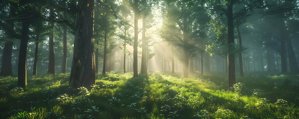 Obraz premium Sunlight Through the Trees in a Misty Forest 3D Illustration