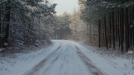 Obraz premium Winter Wonderland: Snow-covered Road Through Ponderosa Pine Forest on a Cold Day