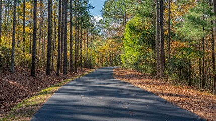 Obraz premium Tranquil Path through Pine Forest in Early Autumn with Changing Leaves