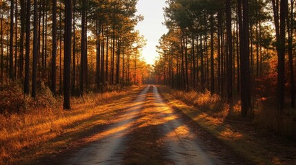 Fototapeta premium Tranquil Evening: Sunset Illuminating Pine Forest Path with Golden Hour Glow