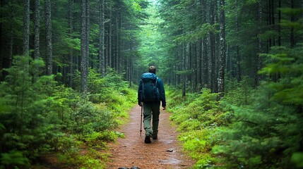 Embracing Solitude: Hiker Finding Connection with Nature While Walking in a Dense Pine Forest