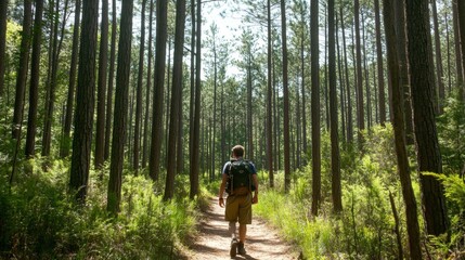 Obraz premium Finding Tranquility: Solitude and Connection with Nature in a Dense Pine Forest