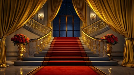 Elegant grand staircase with red carpet, luxurious curtains, golden railings, and floral decor, leading to a starry night sky view.