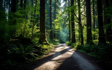 Obraz premium Tranquil Forest Path with Sun Rays Shining Through