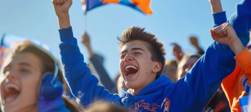 Excited High School Graduate Cheering at College Pep Rally, Wearing University Hoodie, Waving Flag