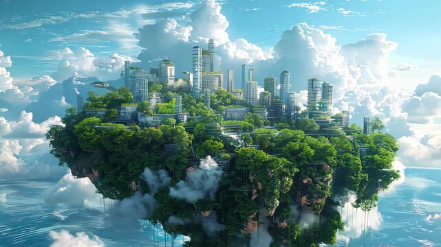 Futuristic floating city above clouds with lush greenery