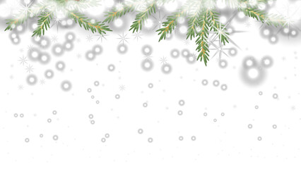 Background with golden sparks. Vector of shining particles scattered on a background with branches of a spruce tree. A banner for advertising. A scattering of snow with silver sparks.